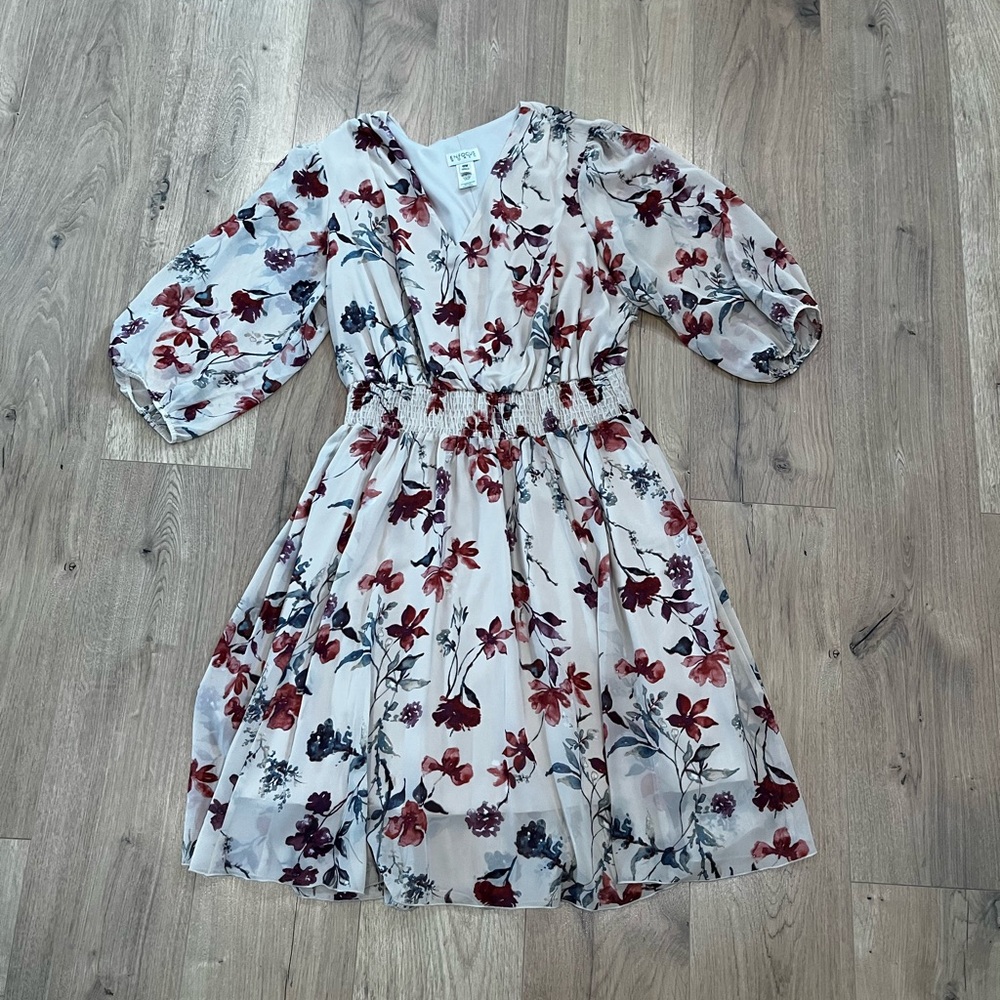 Enfocus Studio Pink Floral V-Neck Puff Sleeve Midi Dress